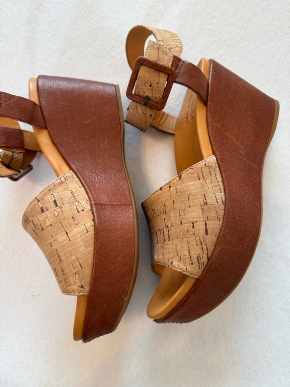KORK-EASE Keirn Platform Sandals in Natural Cork and Brown Leather Size 9